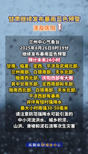 甘肅繼續(xù)發(fā)布暴雨藍(lán)色預(yù)警，涉及慶陽(yáng)→