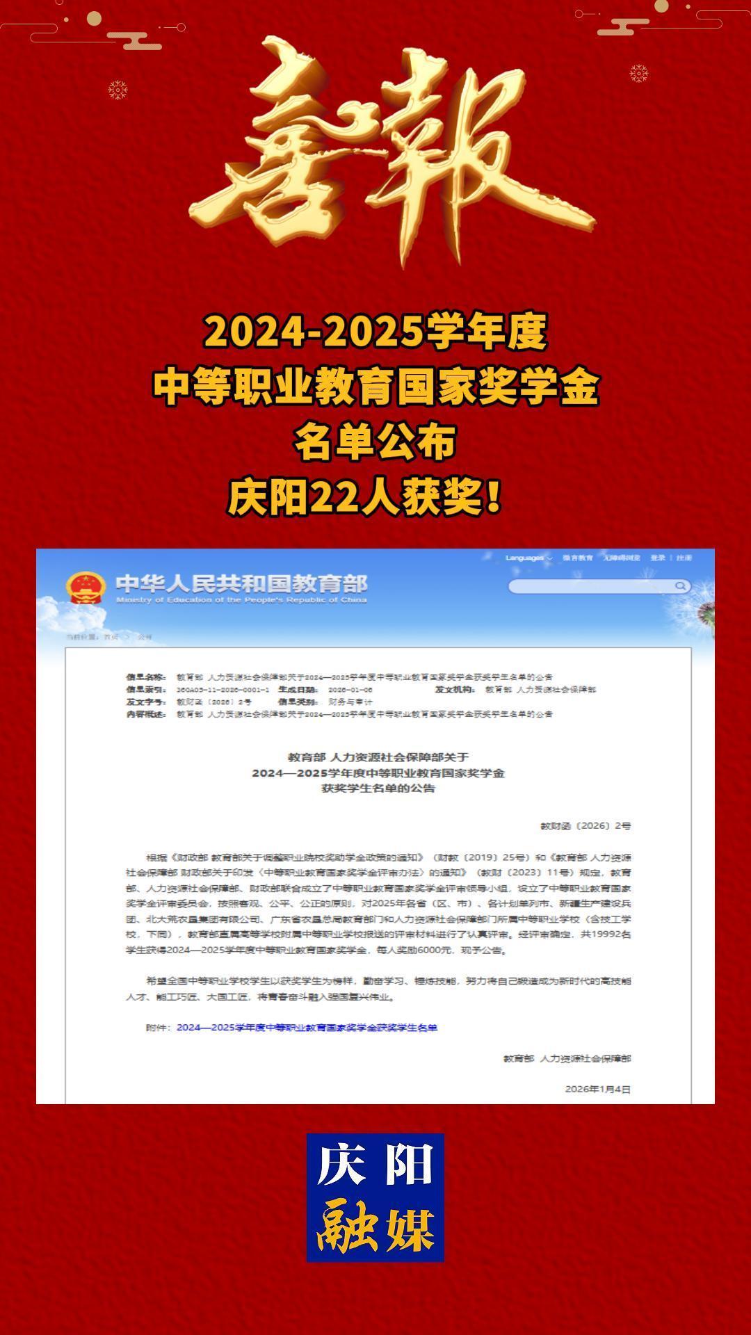 2024-2025學(xué)年度中等職業(yè)教育國家獎(jiǎng)學(xué)金名單公布，慶陽22人獲獎(jiǎng)！