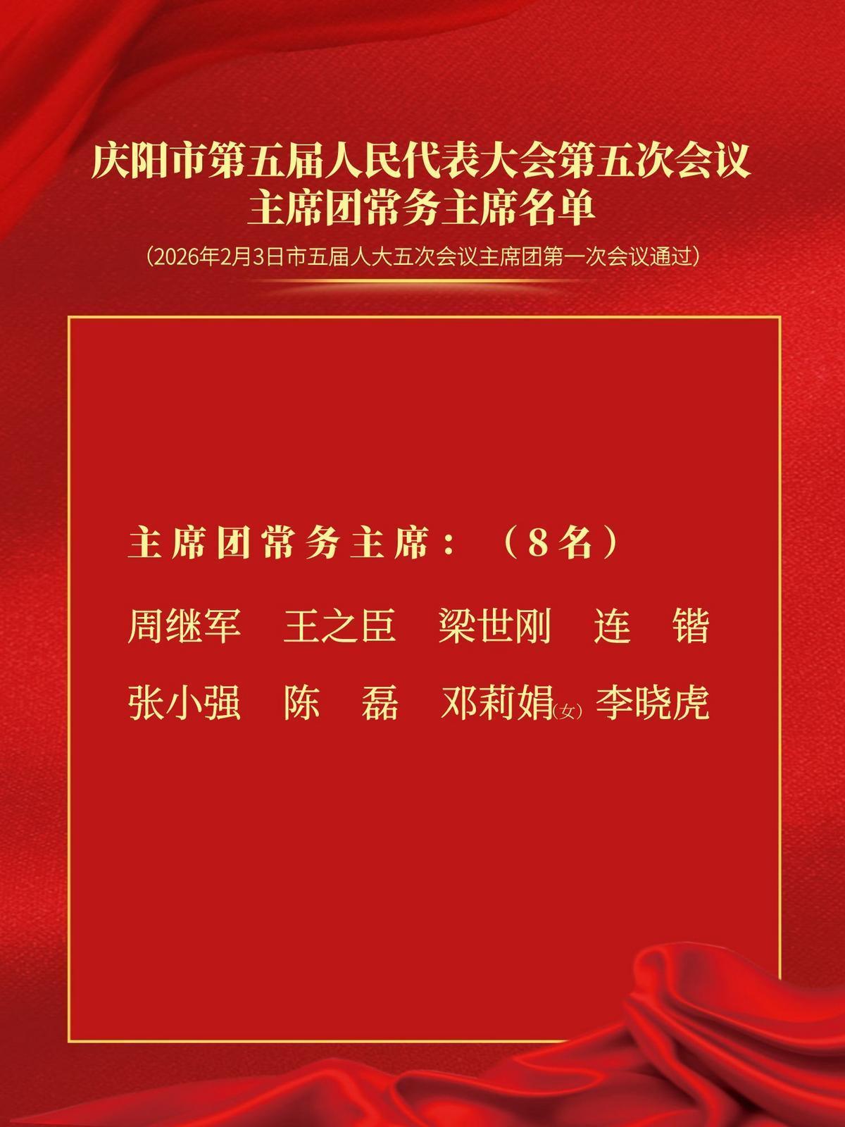 慶陽(yáng)市第五屆人民代表大會(huì)第五次會(huì)議主席團(tuán)常務(wù)主席名單